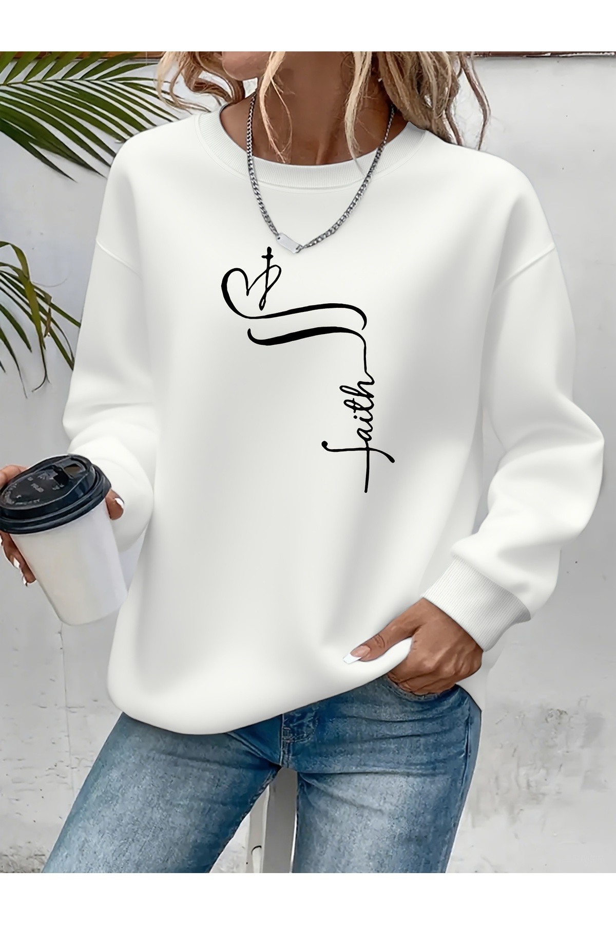 Deocept Mix με τύπωμα Γυναικείο φούτερ με λαιμόκοψη, άνετο και λευκό