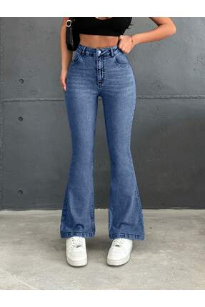 SİNGBADA Yüksek Bel Flare Fit Toparlayıcı Denim Pantolon Mavi