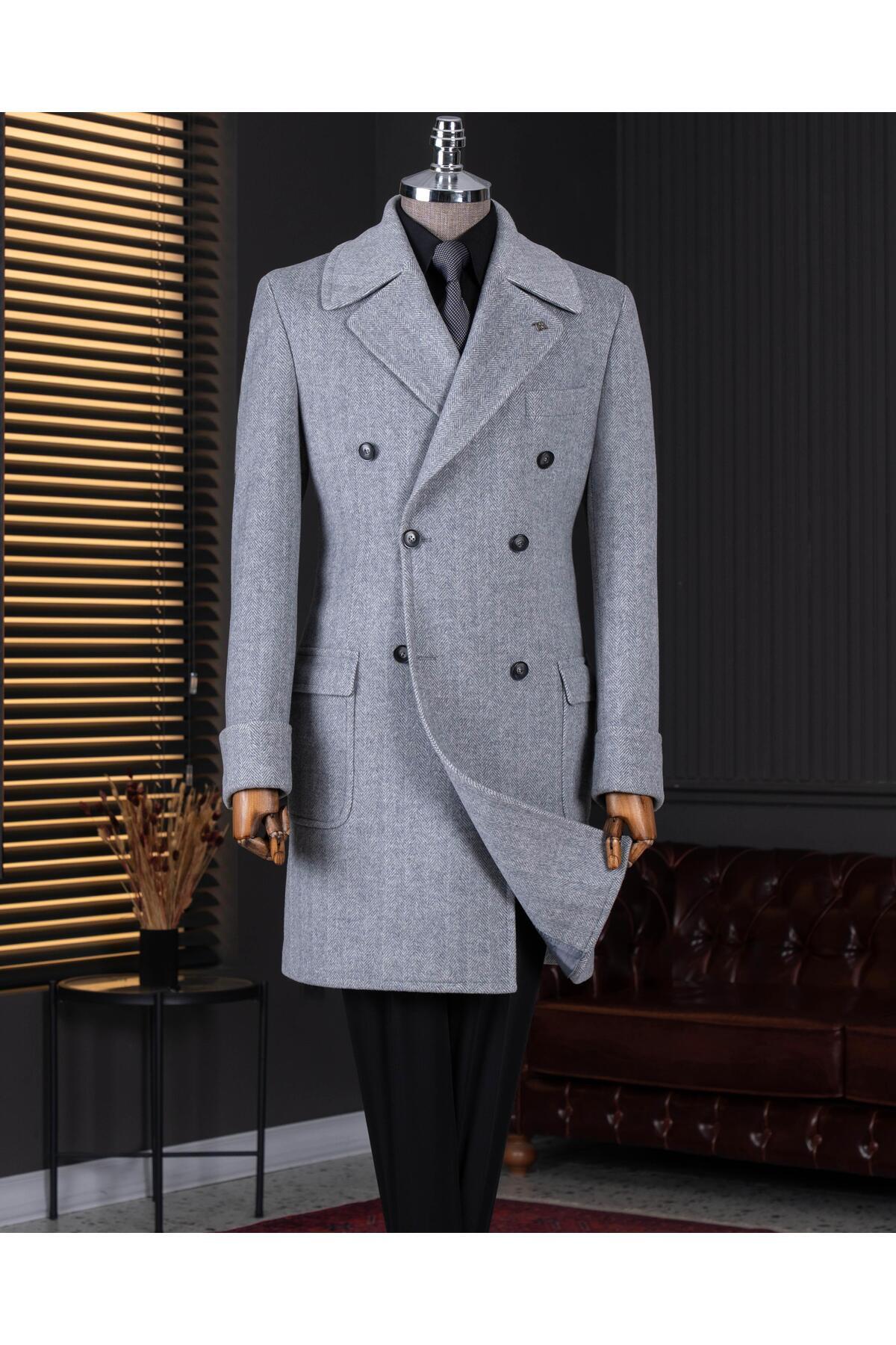 TerziAdemAltun İtalyan stil slim fit kruvaze yün karışımlı kaşe erkek kaban gri T14711