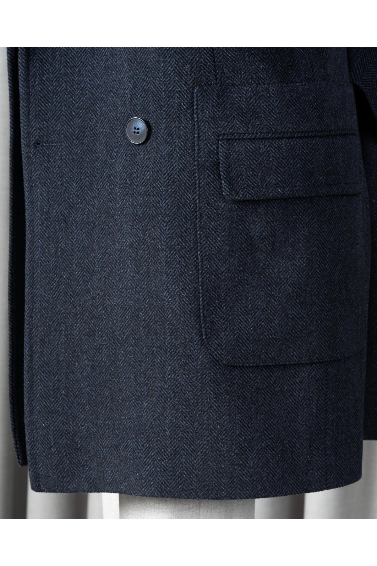 TerziAdemAltun İtalyan stil slim fit kruvaze yün karışımlı kaşe erkek kaban lacivert T14712 görsel 4