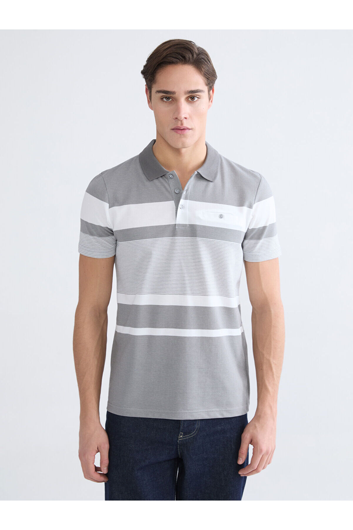 LC Waikiki Create Your Style with Uzg Store Anthracite Polo Neck Striped Mercerized Look Men's T-Shirt