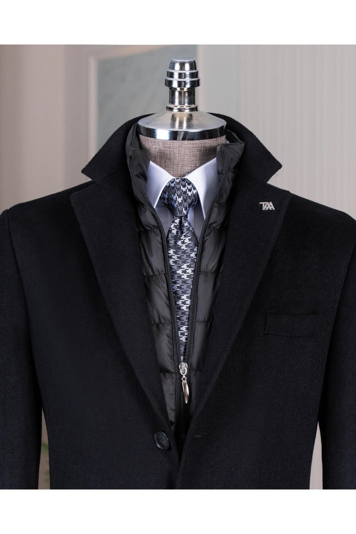 TerziAdemAltun İtalyan stil slim fit mono yaka yün karışımlı kaşe erkek kaban siyah T14689 görsel 2