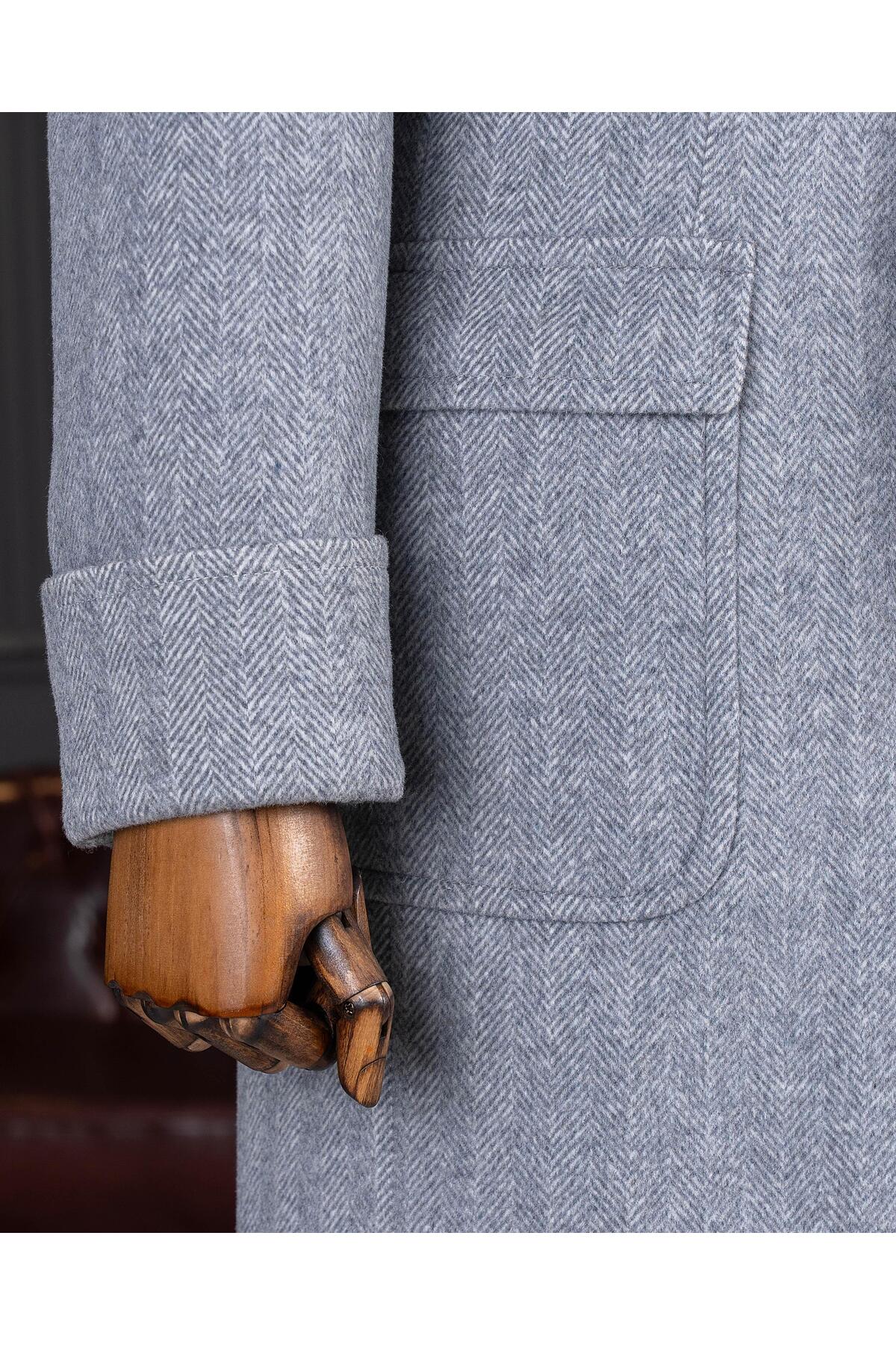 TerziAdemAltun İtalyan stil slim fit kruvaze yün karışımlı kaşe erkek kaban gri T14711 görsel 4