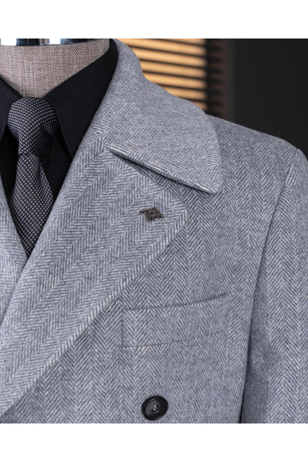 TerziAdemAltun İtalyan stil slim fit kruvaze yün karışımlı kaşe erkek kaban gri T14711 görsel 3