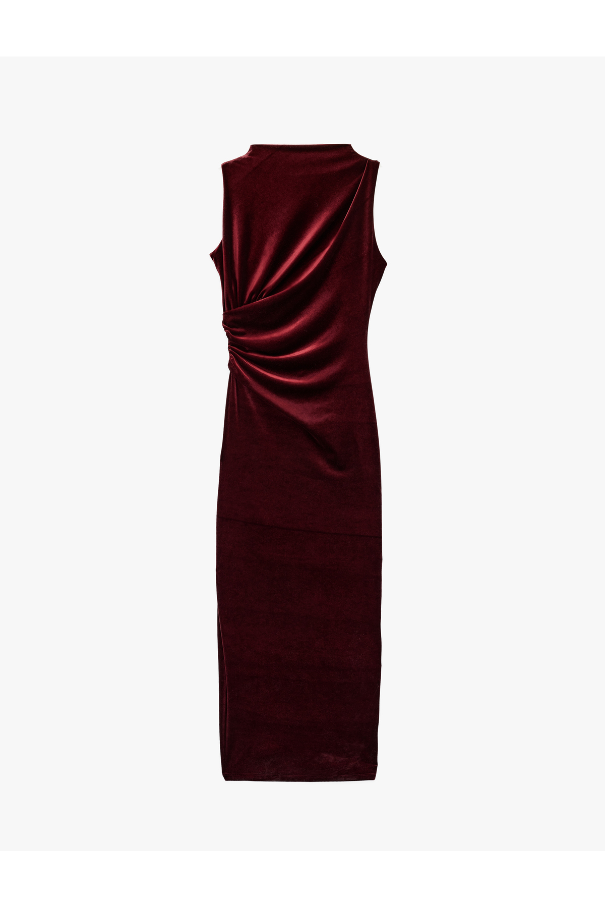 Koton Dik Yaka Slim Fit Kolsuz Drapeli Yırtmaç Detaylı Uzun Bodycon Kadife Elbise görsel 3