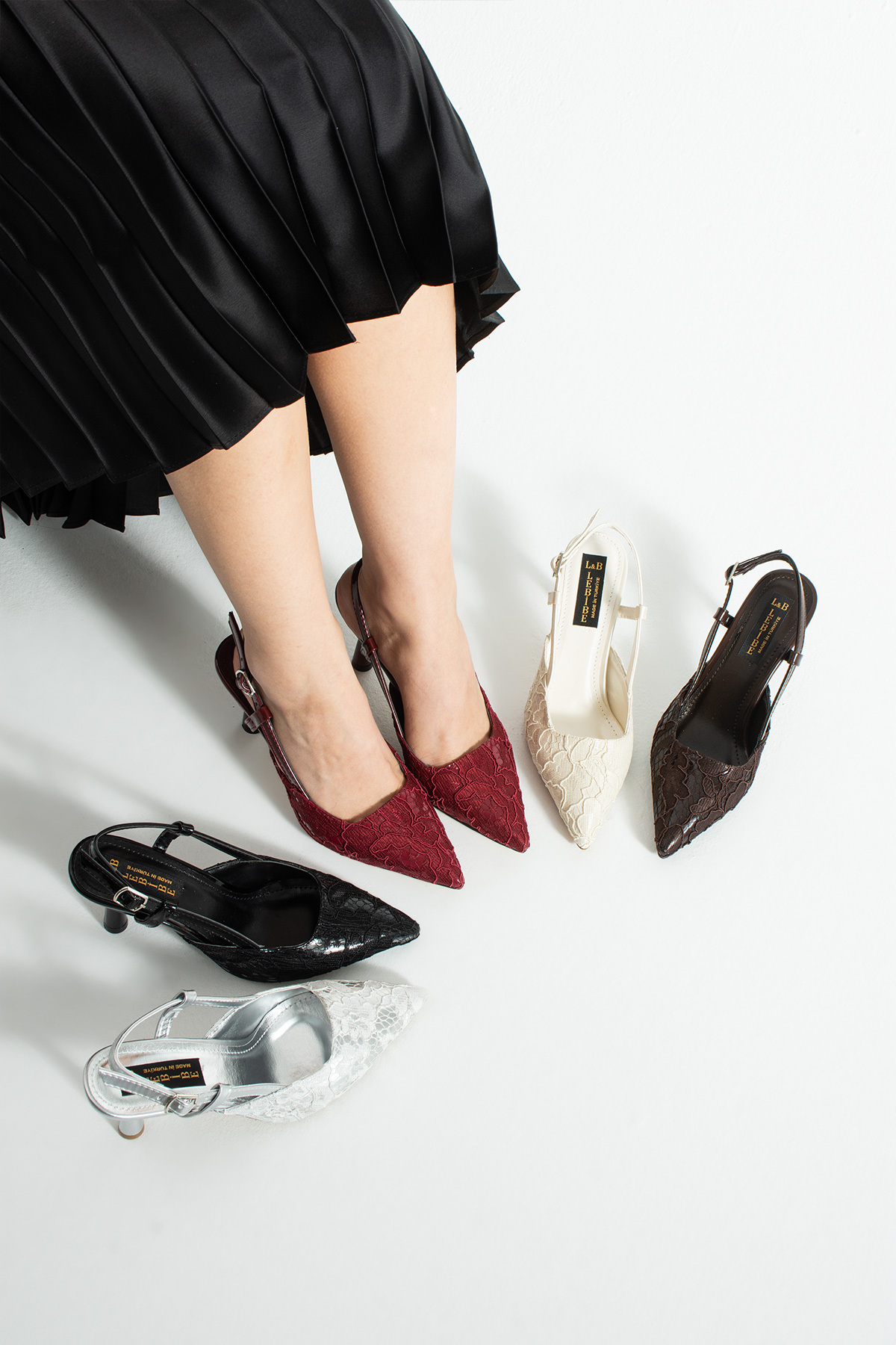 Lebibe Shoes LISA Kadın Ekru Sivri Burun 7 cm Topuklu Çiçek Dantel Desenli Rugan Slingback Ayakkabı görsel 6