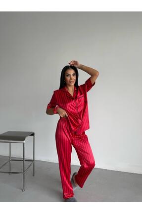 Loraofsilk KIRMIZI ÇİZGİLİ İPEK SATEN PİJAMA TAKII