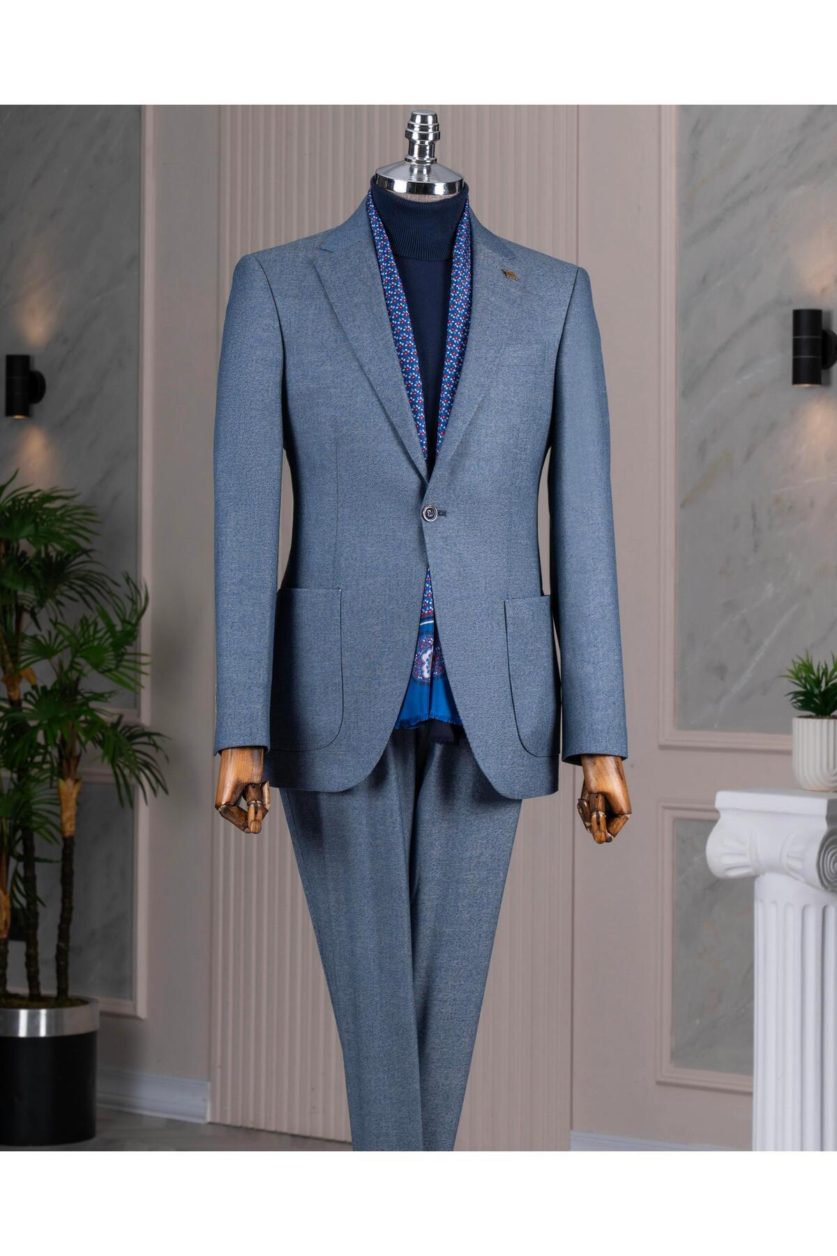 TerziAdemAltun Italian Style S Slim Fit Mono Collar Jacket Trousers Suit Navy Blue T12584