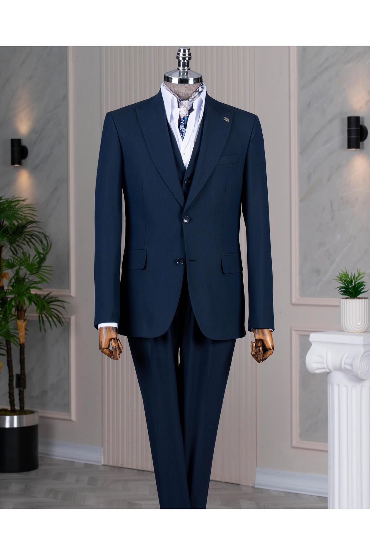 TerziAdemAltun Italian Style S Slim Fit Peaked Lapel Jacket Vest Pants Suit Navy Blue T15060