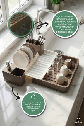 EVONİTA Sürgülü Alt Hazneli Bulaşık Kurutmalık – Su Tahliyeli Tabak Bardak Or...