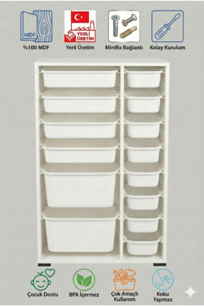 yabilmo %100 MDF Gövde Kolay Minifix Bağlantı 14 Çekmece Çok Amaçlı Oyuncak D...