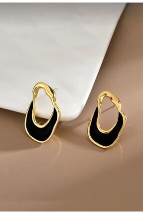 Lavinza Takı Asimetrik Siyah Mineli Altın Renk Küpe