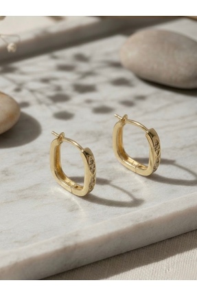 shesra Mengüer 14 Ayar Altın Kaplama Taşlı Dikdörtgen Küpe (15 mm)