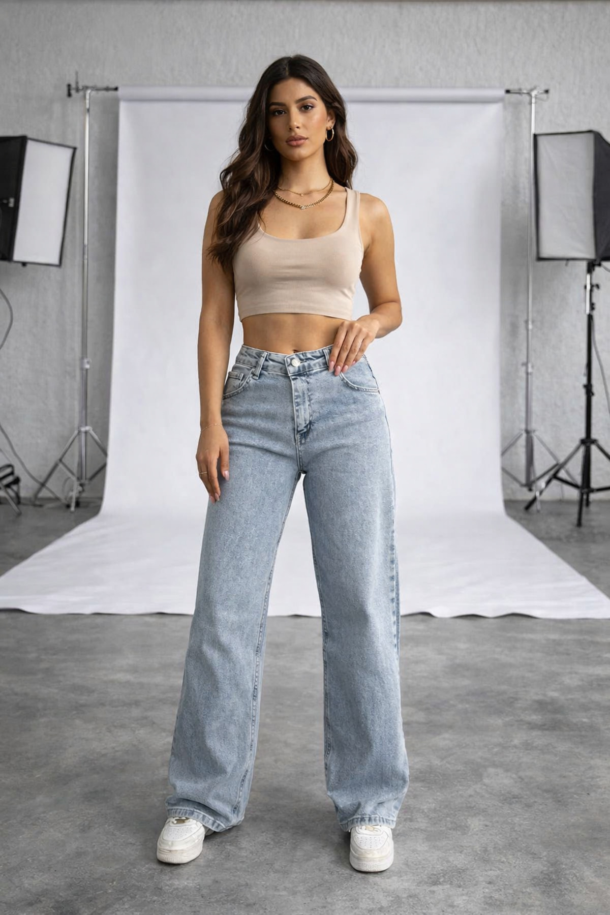 Lighter Jeans  Kadın Kar Mavi Yüksek Bel Likralı Bol Paça Jean Pantolon – Esnek Denim Wide Leg - Görsel 5