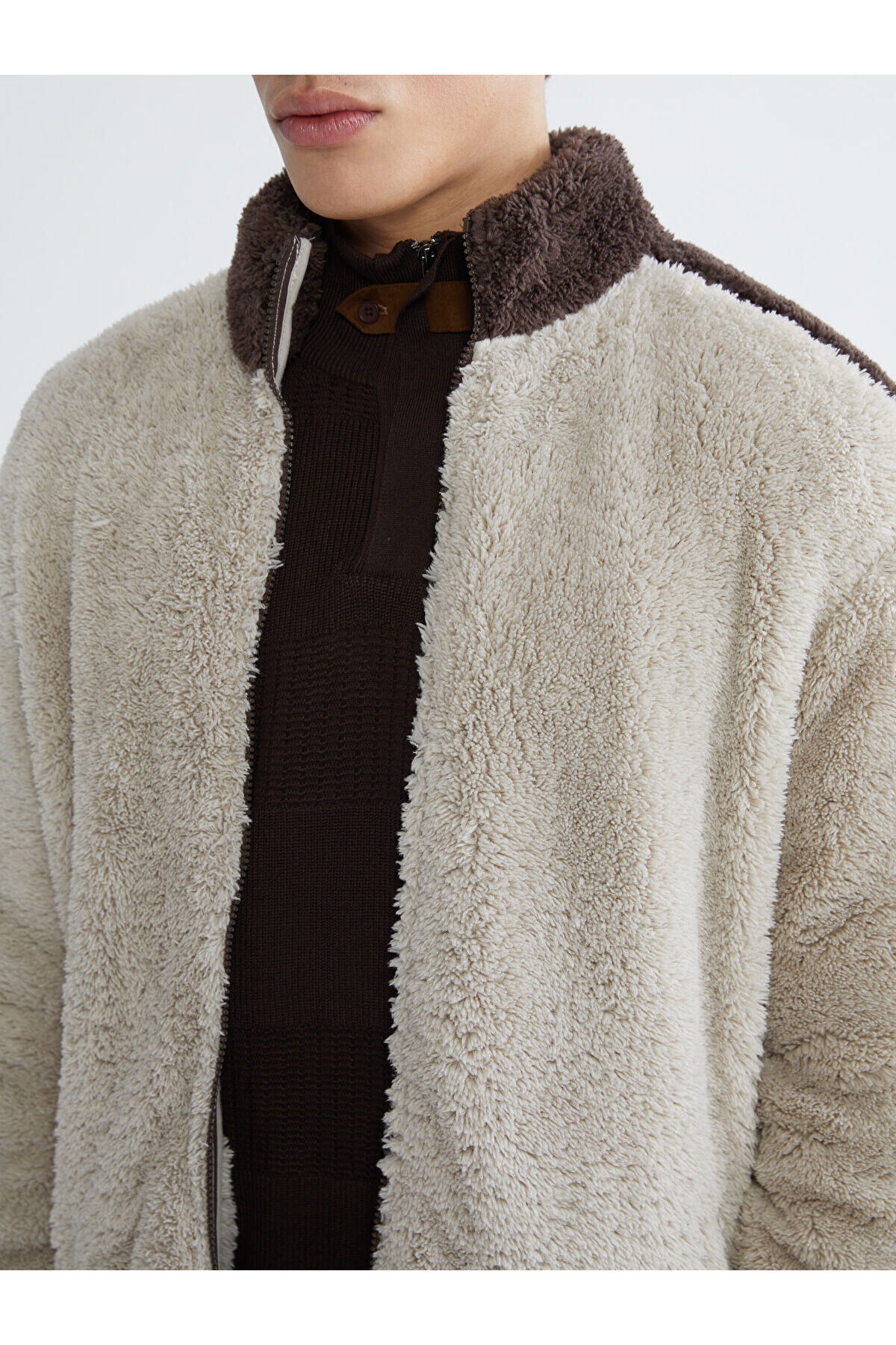 Dik Yaka Pelüş Erkek Fermuarlı Sweatshirt — رنگارنگ W5LE02Z8-ZD5 — تصویر 3 از 8