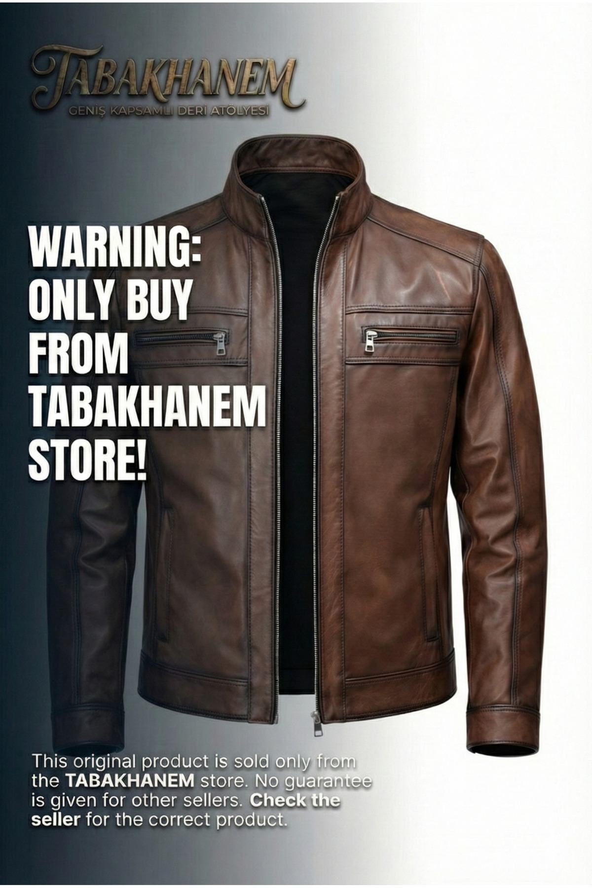 VELZANA  Erkek Hakiki Deri Kahverengi Dik Yaka Ceket | Fermuarlı, Çift Göğüs Fermuar Cepli, Yan Cepli - Görsel 4