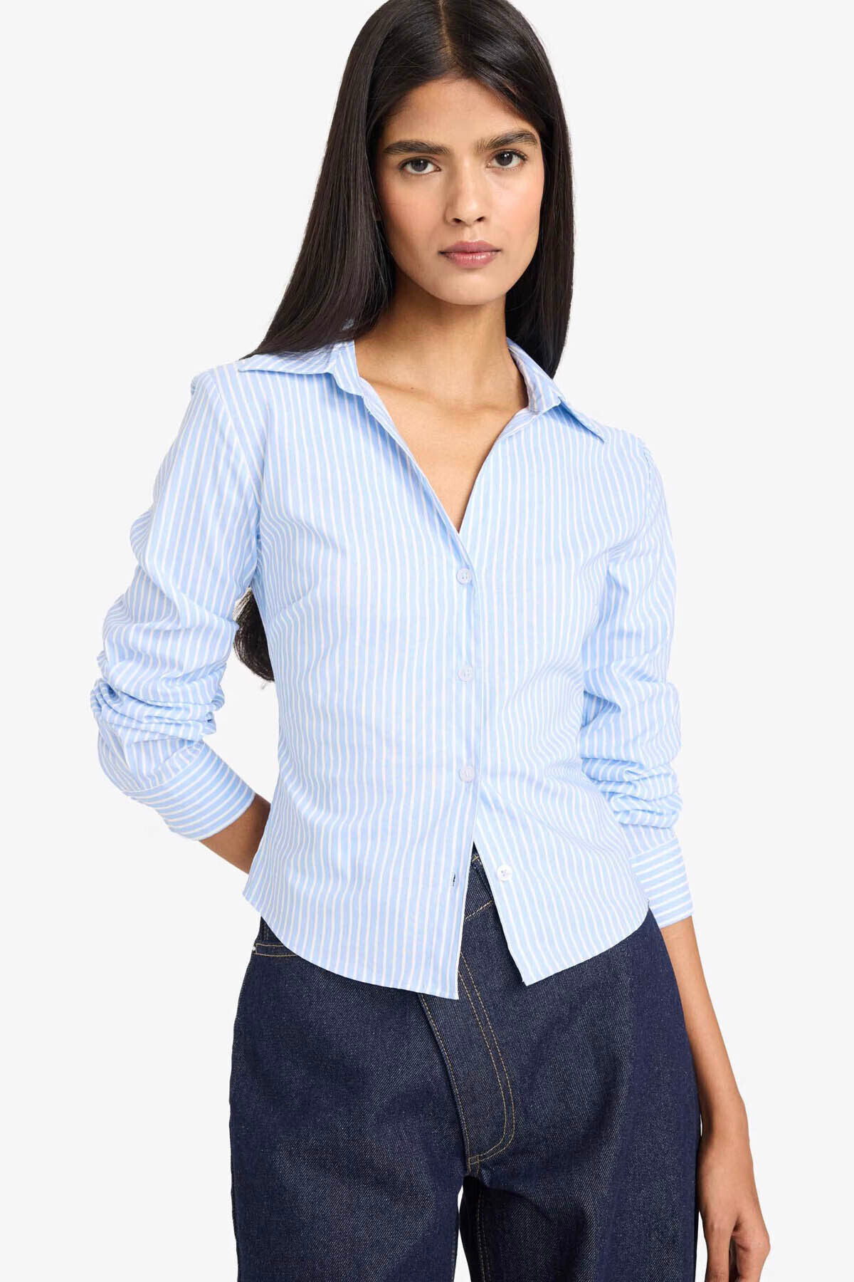 DeFacto Fitted Çizgili Bengalin Mavi Kadın Gömlek D4013AX/BE552
