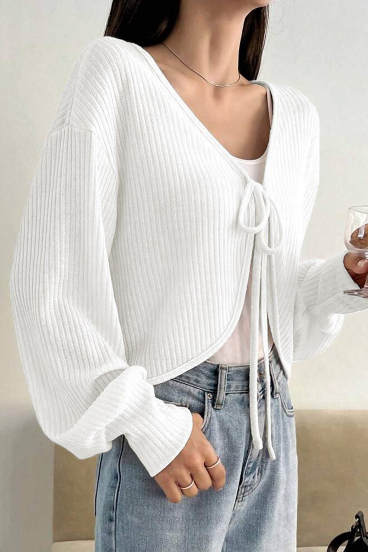 İlayda Toprak  Charm Balon Kollu Bağcıklı İp Bağlama Hırka - Görsel 3