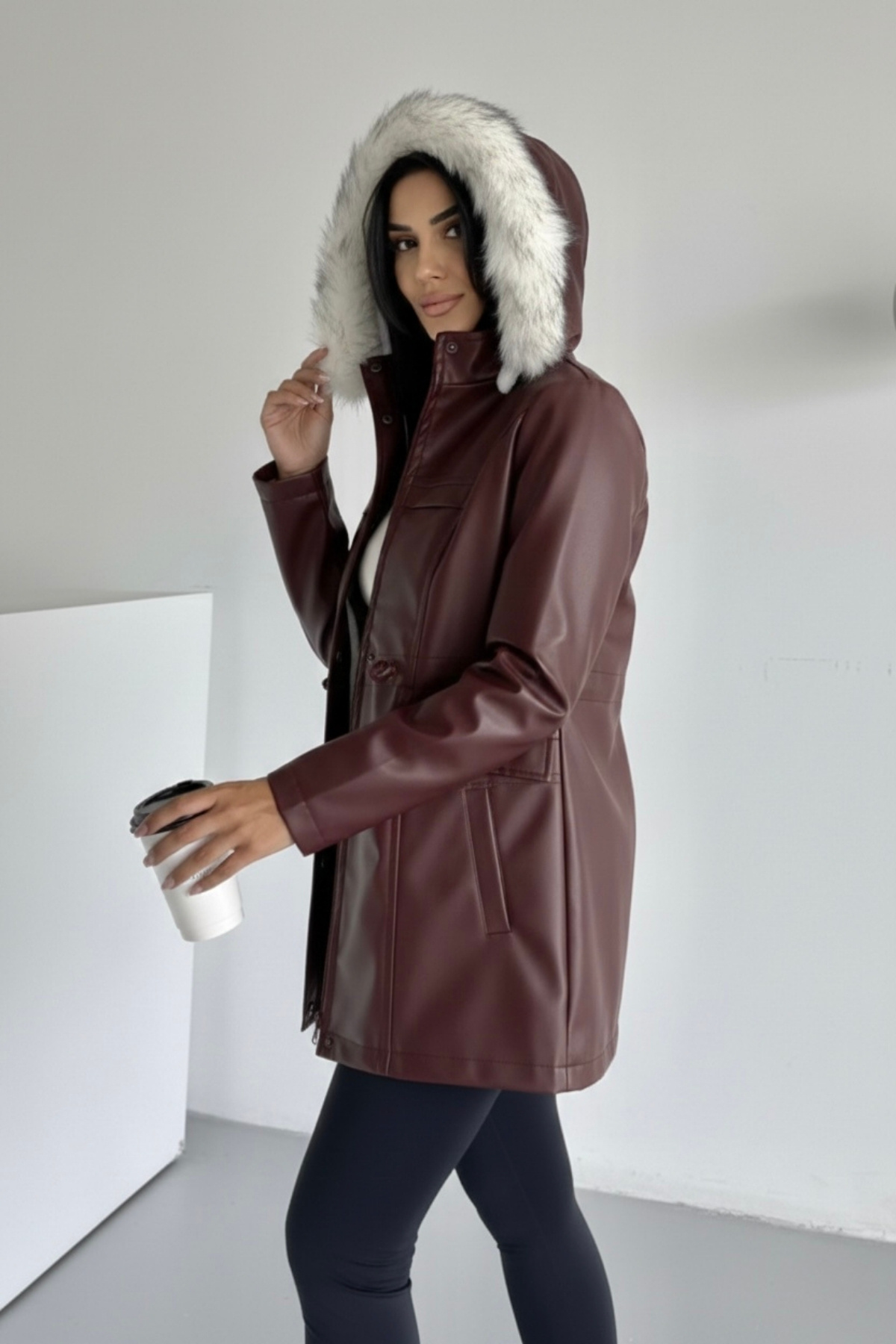 hiramir  Kapüşonlu Deri İçi Kürklü Cep Üstü Detaylı Mont Bej KS2509 - Görsel 4