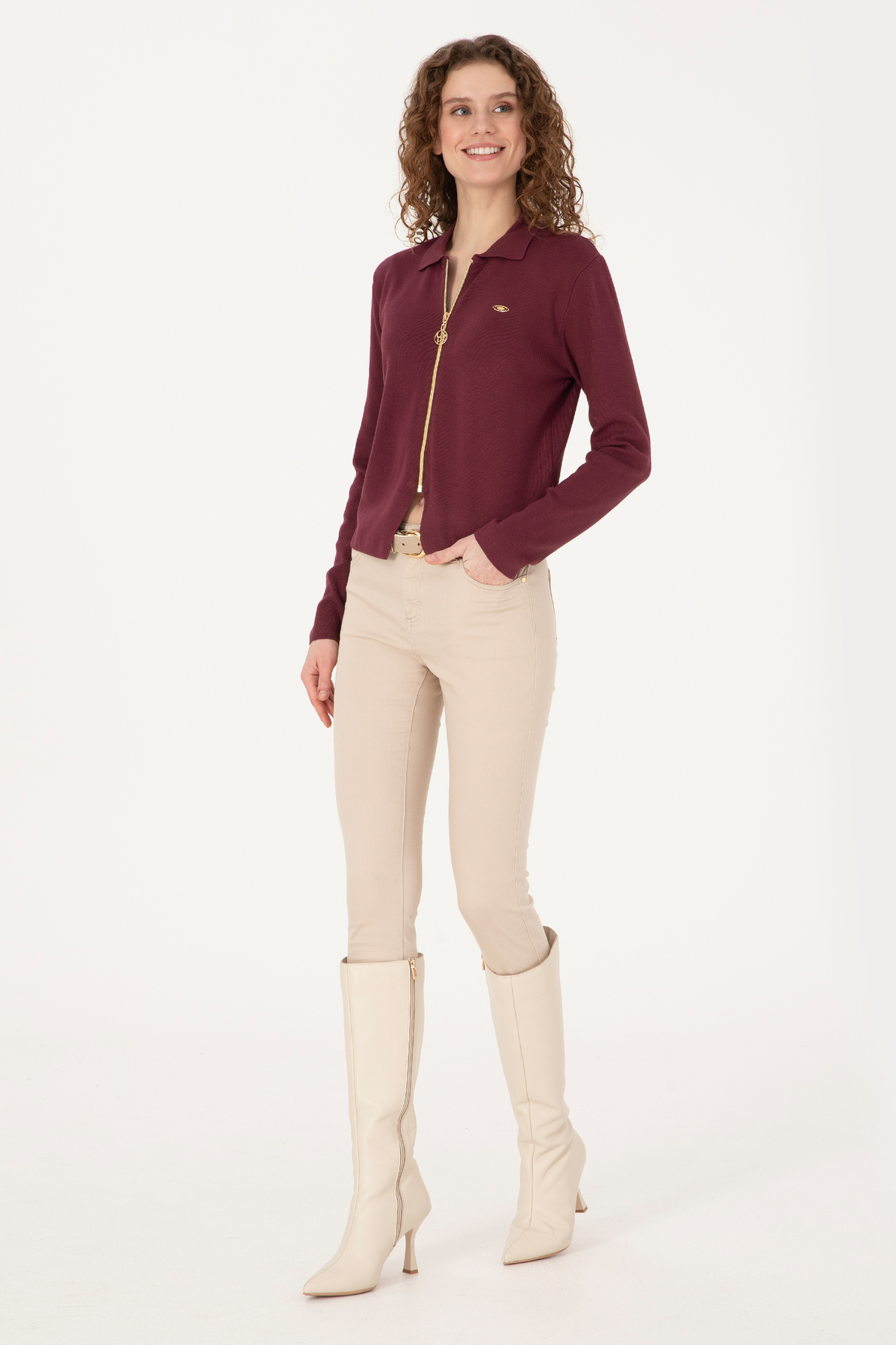 U.S. Polo Assn. Kadın Bordo Fermuarlı Polo Yaka Triko Hırka 50317375-VR177 görsel 4