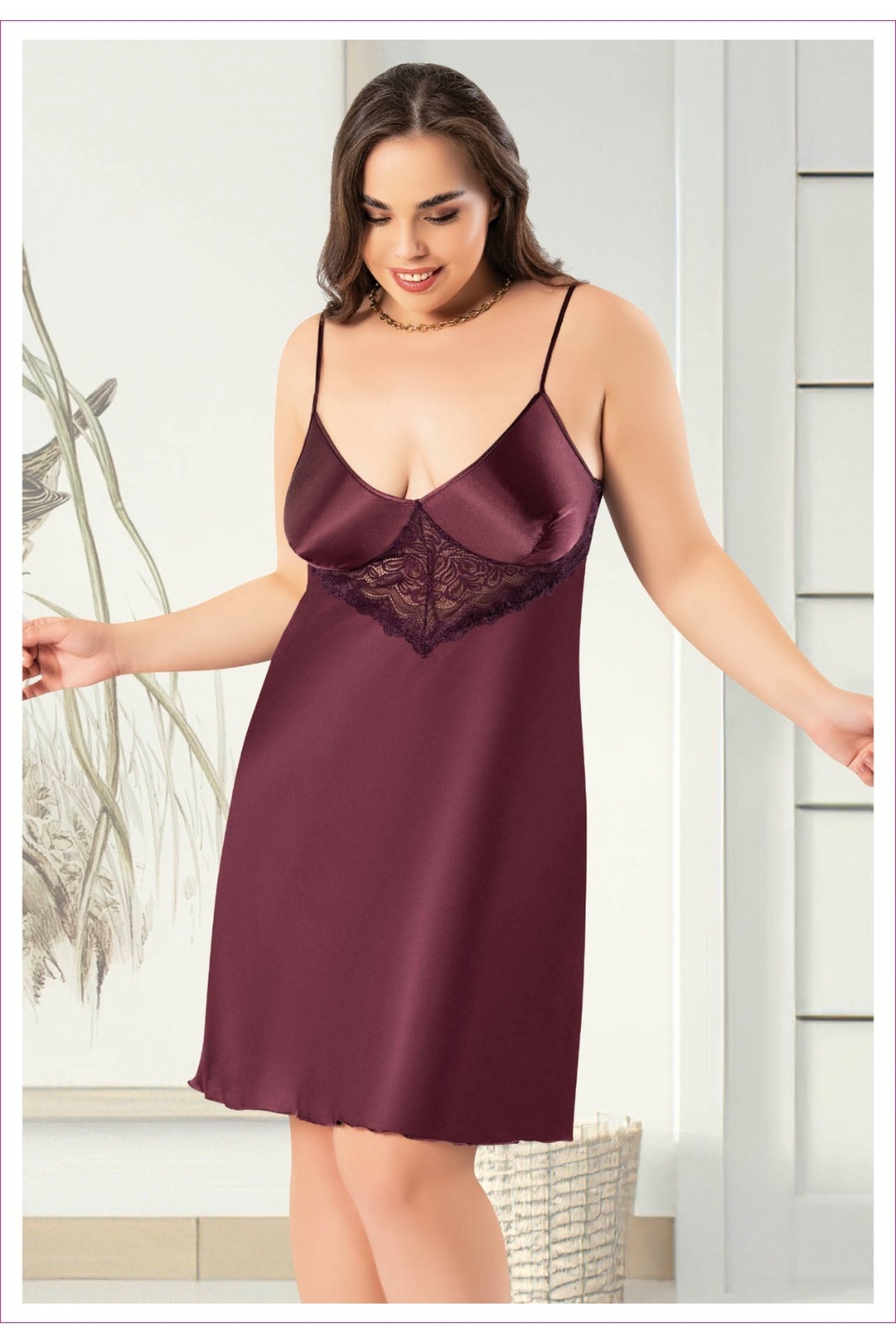 Dynamic Saten Dantelli İp Askılı Büyük Beden Gecelik
