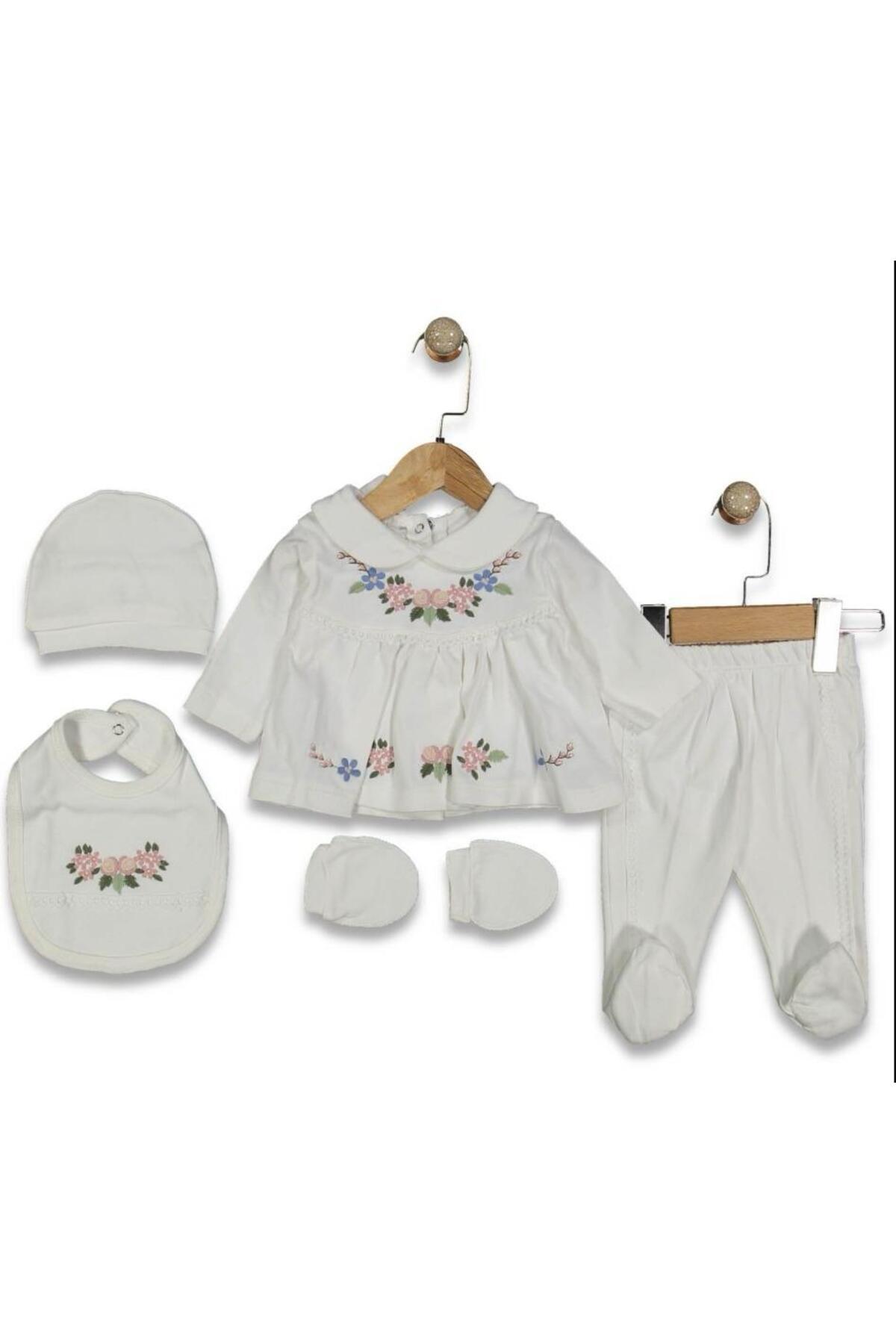 BYS BABY FASHION 5 Parça %100 Pamuk Çiçek İşlemeli Yenidoğan Kız Bebek Hastane Çıkış Seti (Kutulu) 0-3 ay fotoğrafı 5 (önizleme)