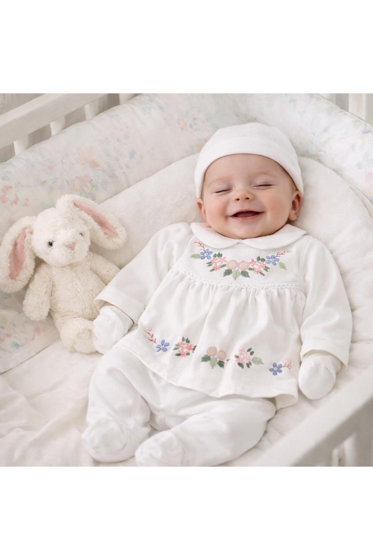 BYS BABY FASHION 5 Parça %100 Pamuk Çiçek İşlemeli Yenidoğan Kız Bebek Hastane Çıkış Seti (Kutulu) 0-3 ay fotoğrafı 3 (önizleme)