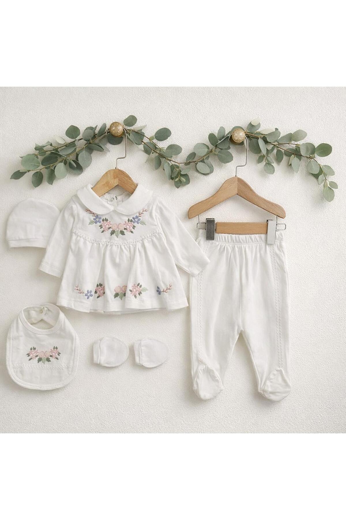 BYS BABY FASHION 5 Parça %100 Pamuk Çiçek İşlemeli Yenidoğan Kız Bebek Hastane Çıkış Seti (Kutulu) 0-3 ay fotoğrafı 2 (önizleme)