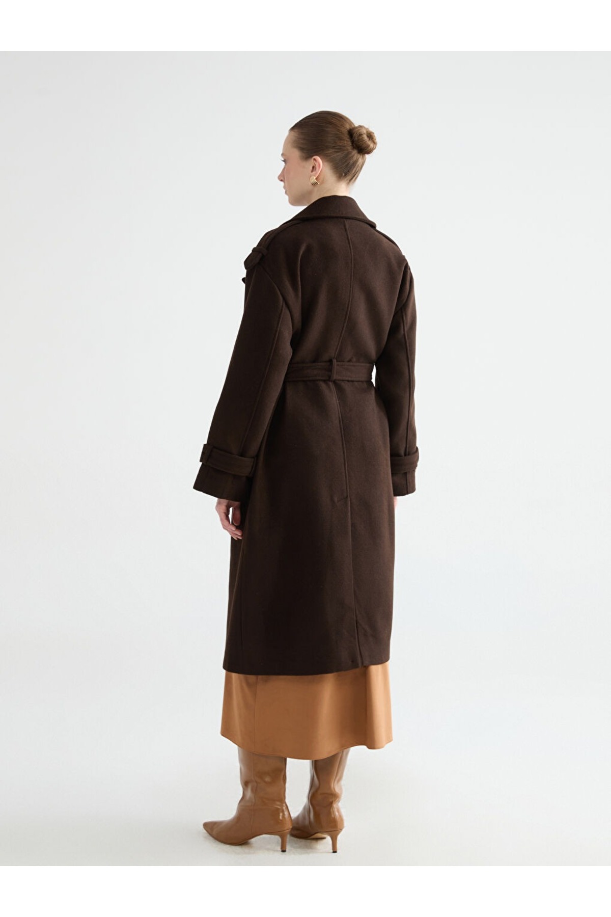 Paragon  Kadın Tesettür Acı kahve Kaşe Kaban Uzun Kışlık Kuşaklı Şık Palto Mont - Görsel 4