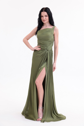 BDM Exclusive Parlak Şifon Drape Detaylı Tek Omuz Yırtmaçlı Premium Abiye Elbise