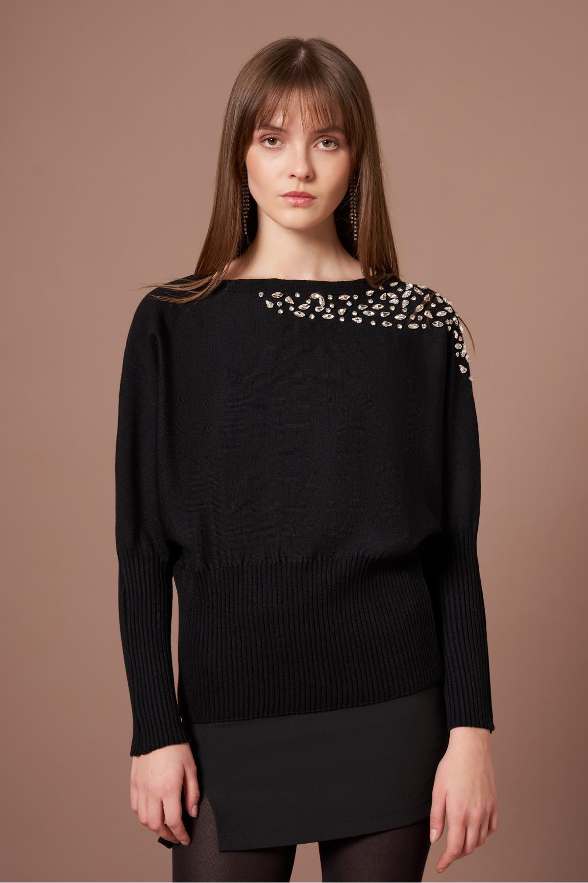 FTZ WOMEN  Kadın Beyoğlu İşlemeli Yarasa Kol Kazak Siyah 25017 - Görsel 5