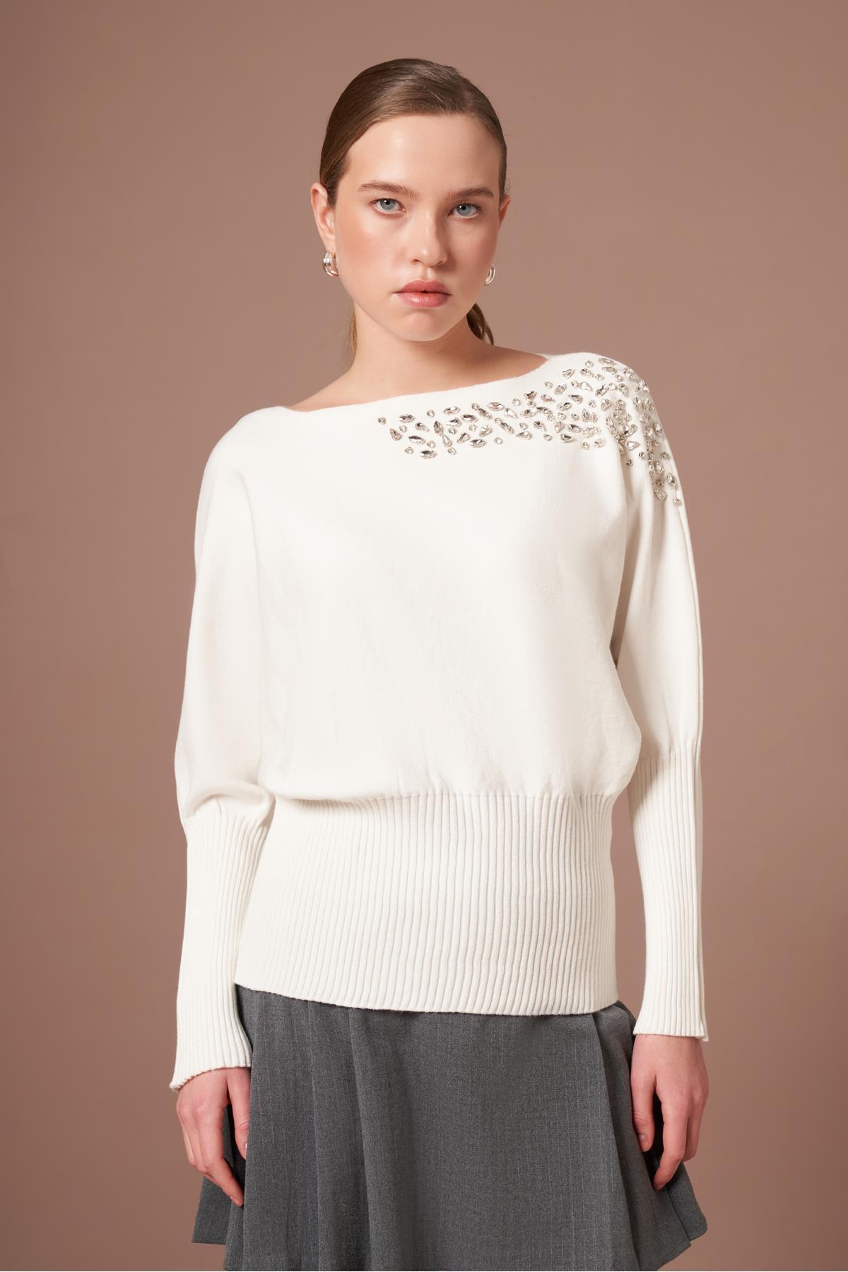 FTZ WOMEN  Kadın Beyoğlu İşlemeli Yarasa Kol Kazak Ekru 25017 - Görsel 5