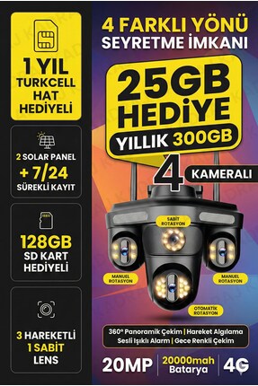 Kadraj Güneş Enerjili Kamera - 4 Kameralı - 300GB TURKCELL Yıllık Sim Kart Da...