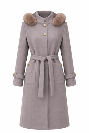 ESİN GİYİM Pötikare Dokulu Çıkarılabilir Kürk Kapşonlu Kuşaklı Kaşe Kaban