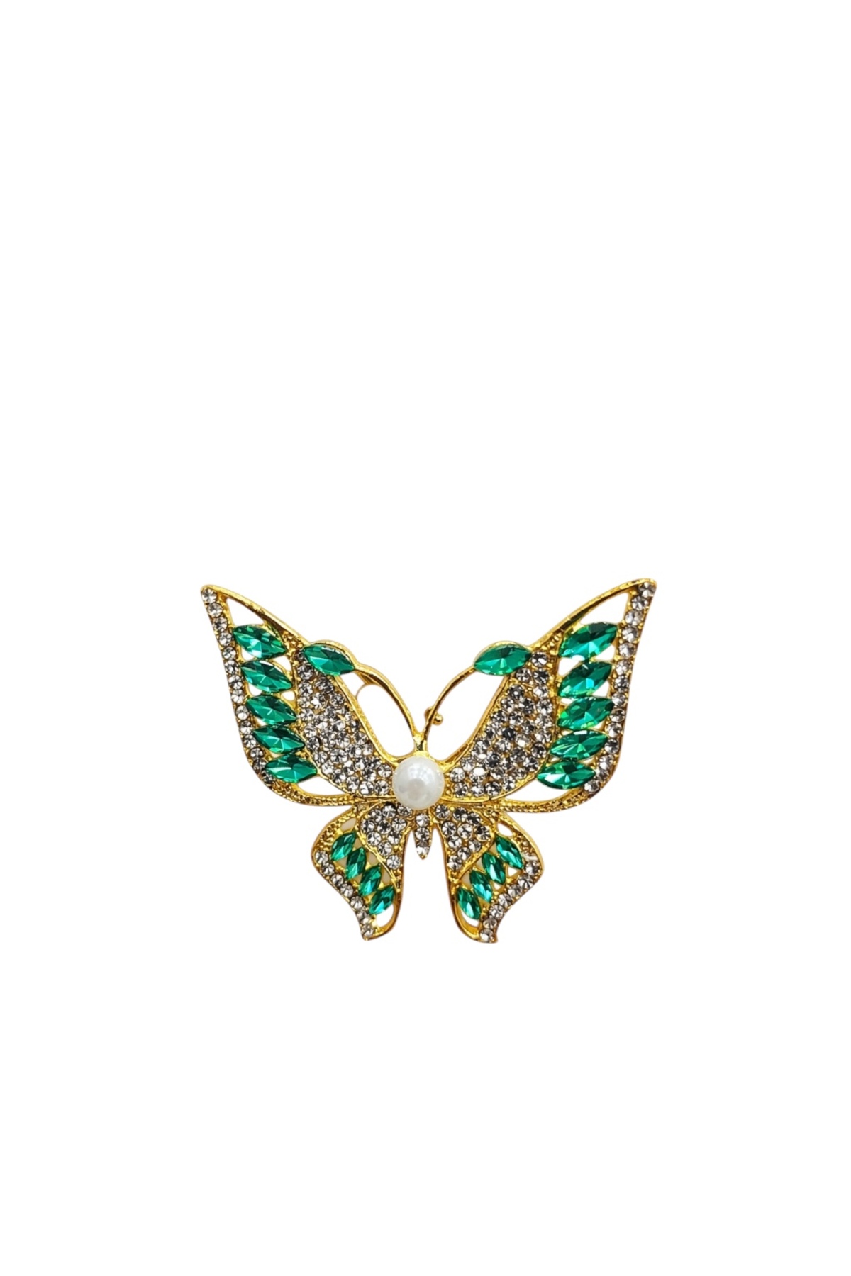 Women's Pearl Detailed Butterfly Brooch with Green Gemstone – Stylish Brooch in Gold