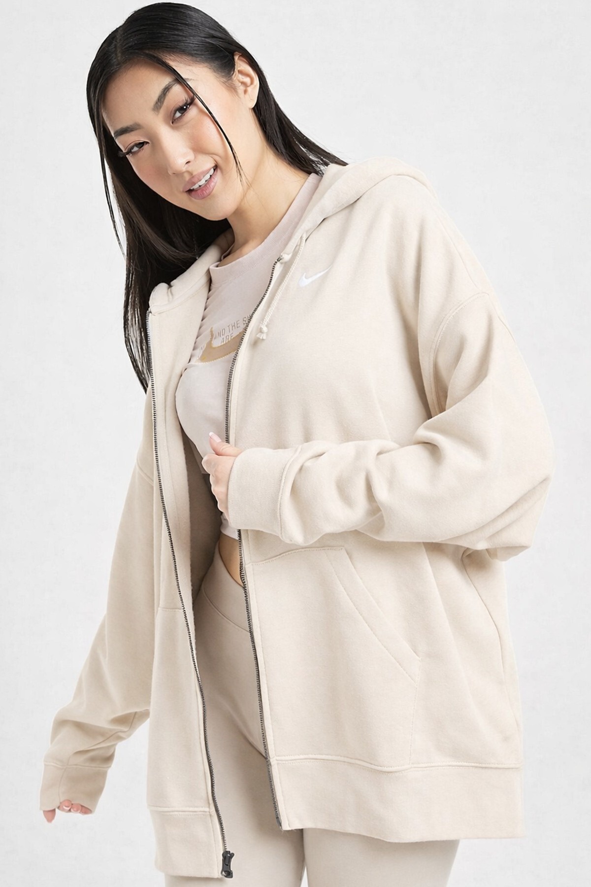Nike Sportswear Essentials Oversize Fleece Full Zip Hoodie Kadın Oversize Kapüşonlu Sweatshirt Krem görsel 3