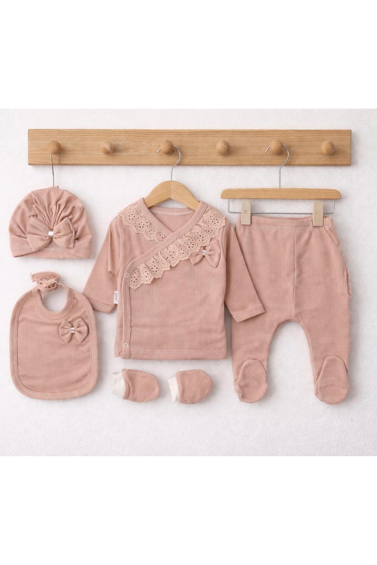 BYS BABY FASHION Mevsimlik %100 Pamuklu 5'li Fiyonklu Fistolu Yenidoğan Kız Bebek Hastane Çıkış Zıbın Seti Kutulu fotoğrafı 4 (önizleme)