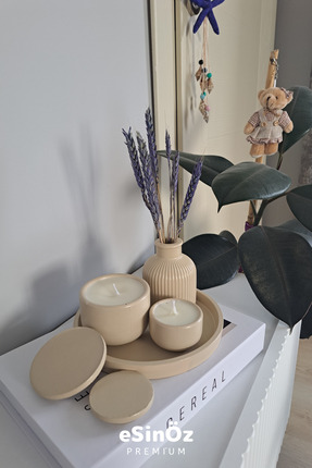 EsinÖz #Dekoratif Set Tepsili Mum Ve Çiçekli Vazo Seti (%100 SOYA MUM)
