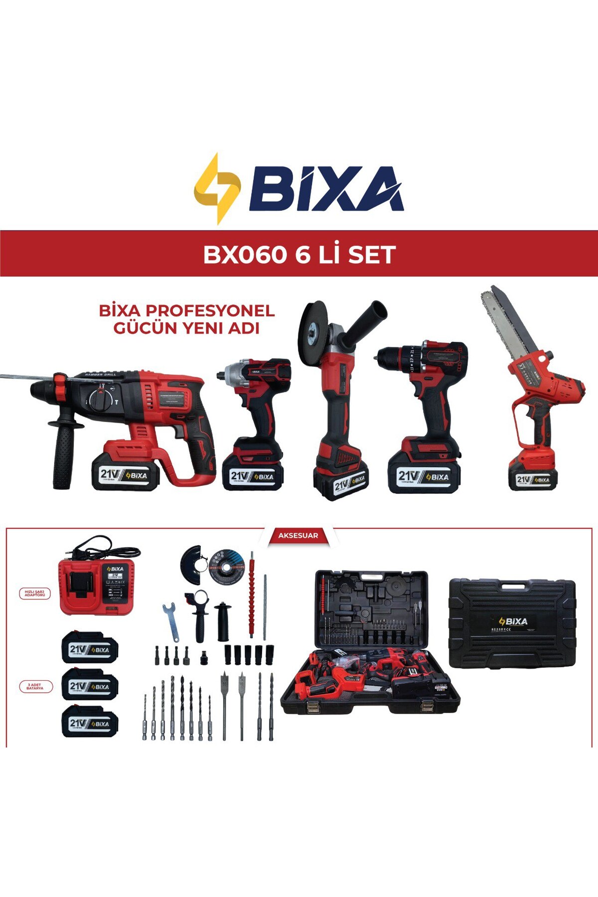 bixa Profesyonel 21V 6'lı 3Akülü Set- Hilti+ Taşlama+ Matkap+