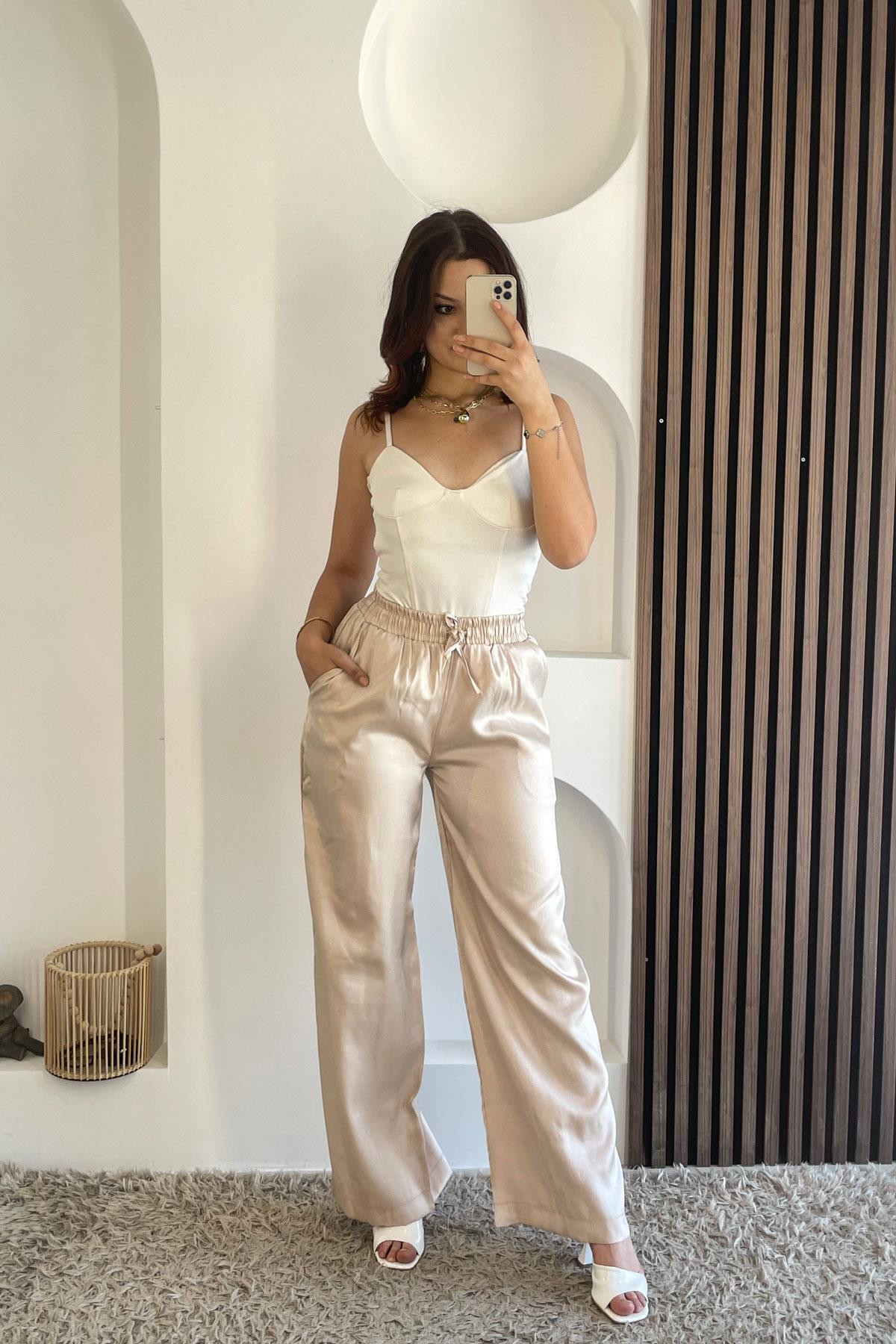 Noa Noa Sparkly Wide-Legged Trousers-Beige Beige- Trendyol