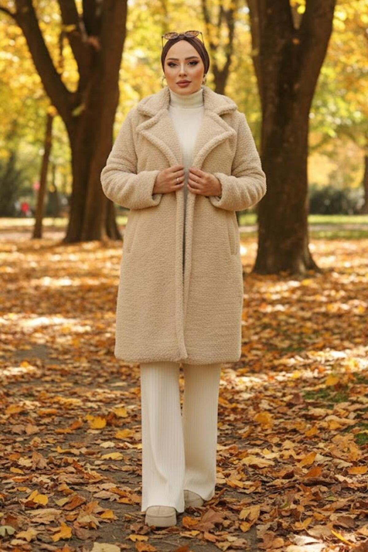 hafsamina  İki Düğmeli Peluş Mont Bej HM262506 - Görsel 5