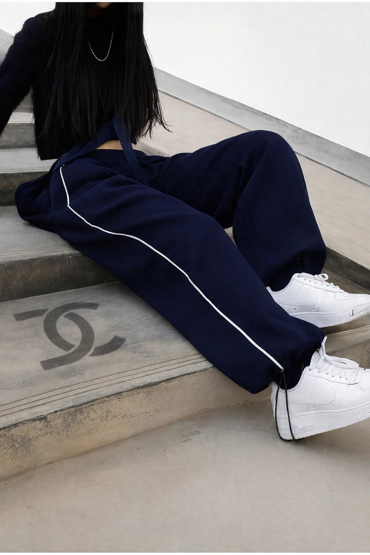 De Carte Harajuku Streetwear Side Strip Kadın Bol Ayarlanabilir Boru Paça Eşofman Altı