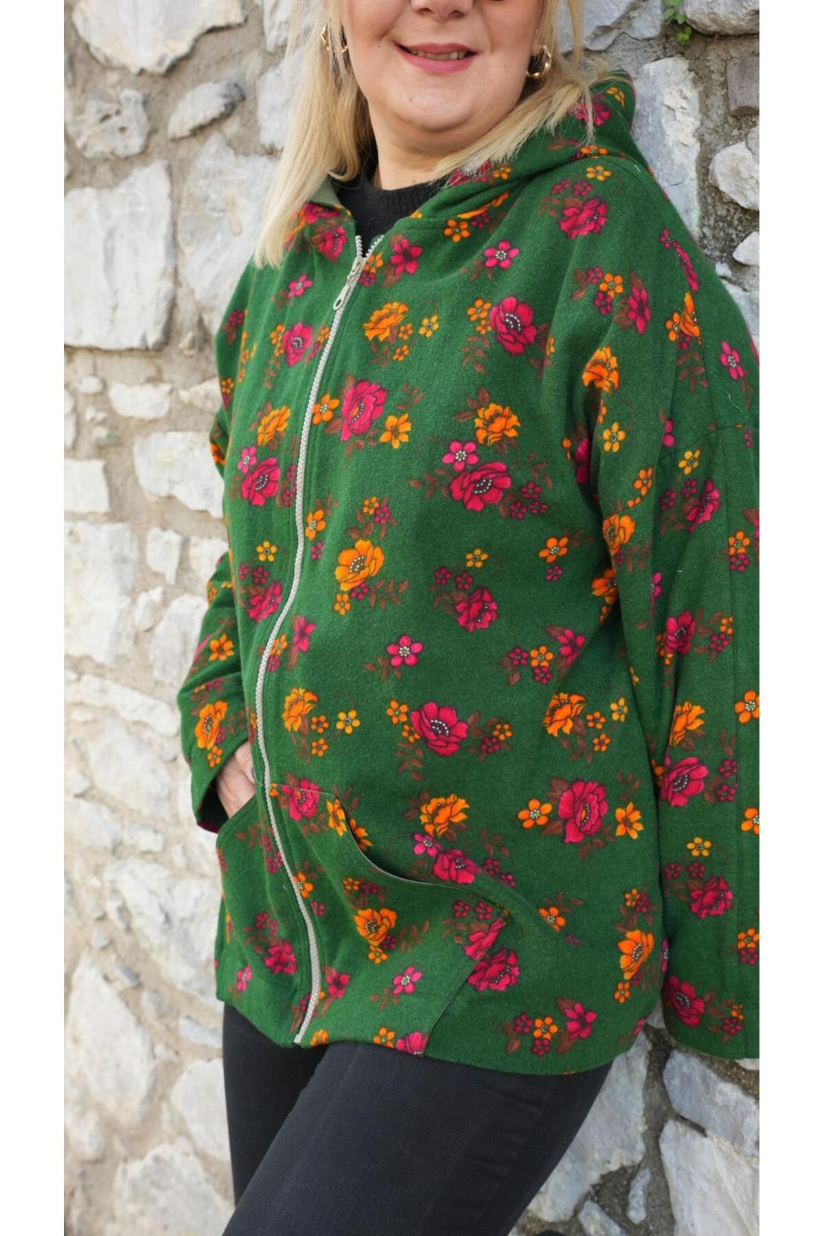 BE ATÖLYE BUTİK Kapşonlu Yeşil Çiçek Desenli Pazen Ceket Hoodie görsel 6