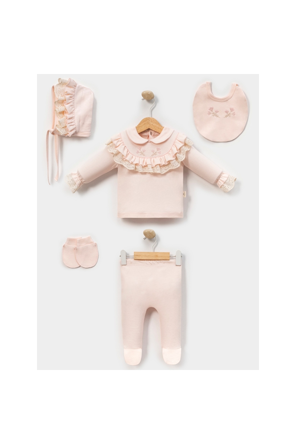 ZEYNUKO KIZ BEBEK DANTELLİ FİSTOLU 5'Lİ YENİDOĞAN HASTANE ÇIKIŞI ZIBIN SETİ fotoğrafı 2 (önizleme)