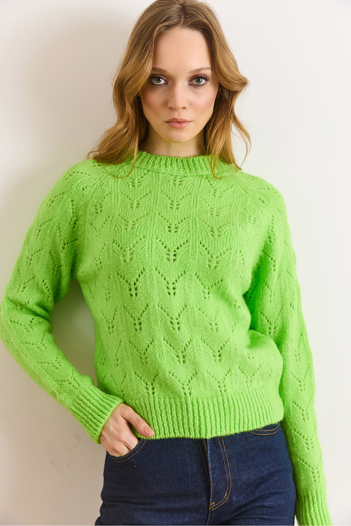 Women's Peanut Green Openwork Soft Textured Knitwear SweaterKZK-19001053