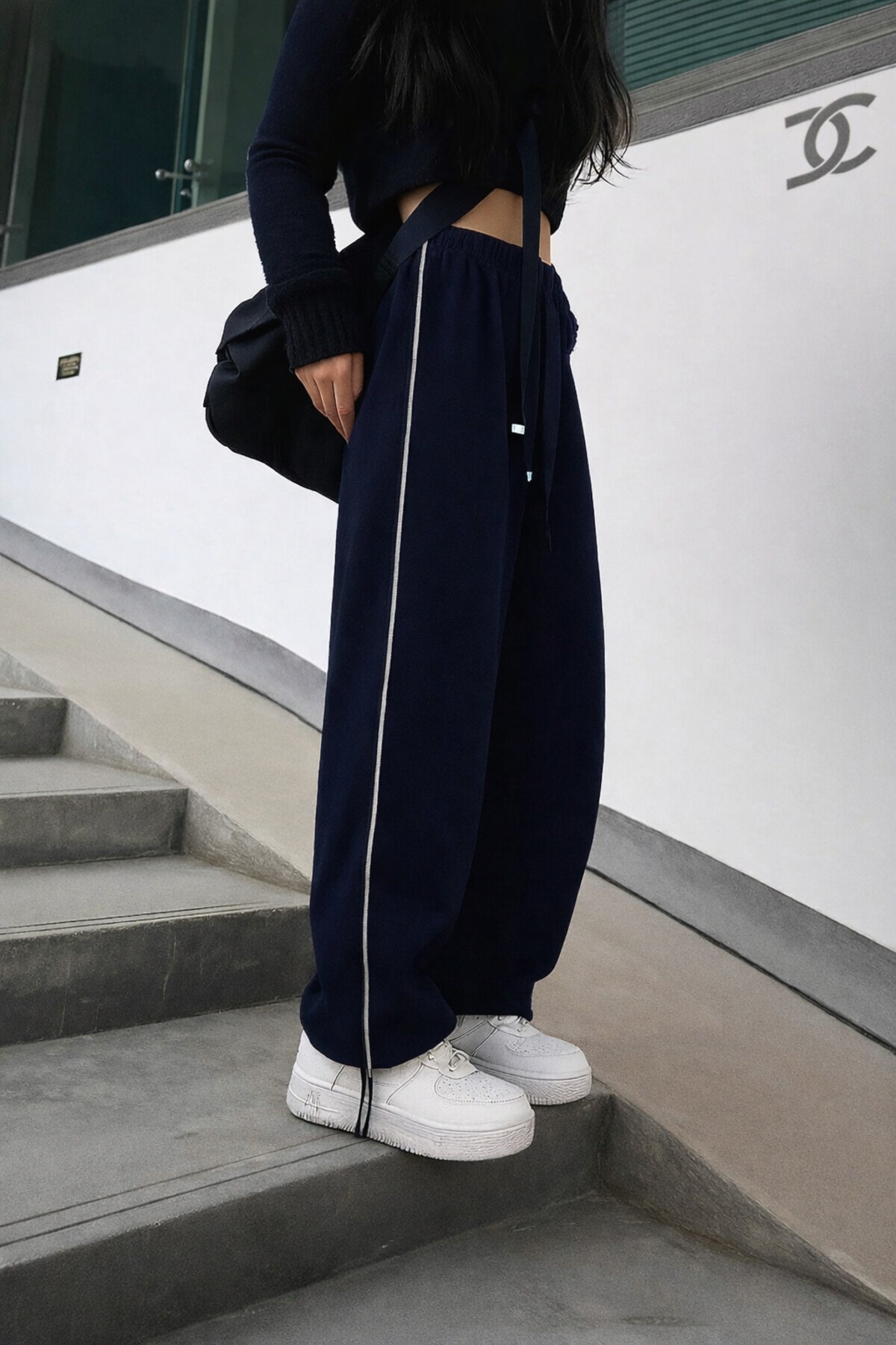 De Carte Harajuku Streetwear Side Strip Kadın Bol Ayarlanabilir Boru Paça Eşofman Altı görsel 4