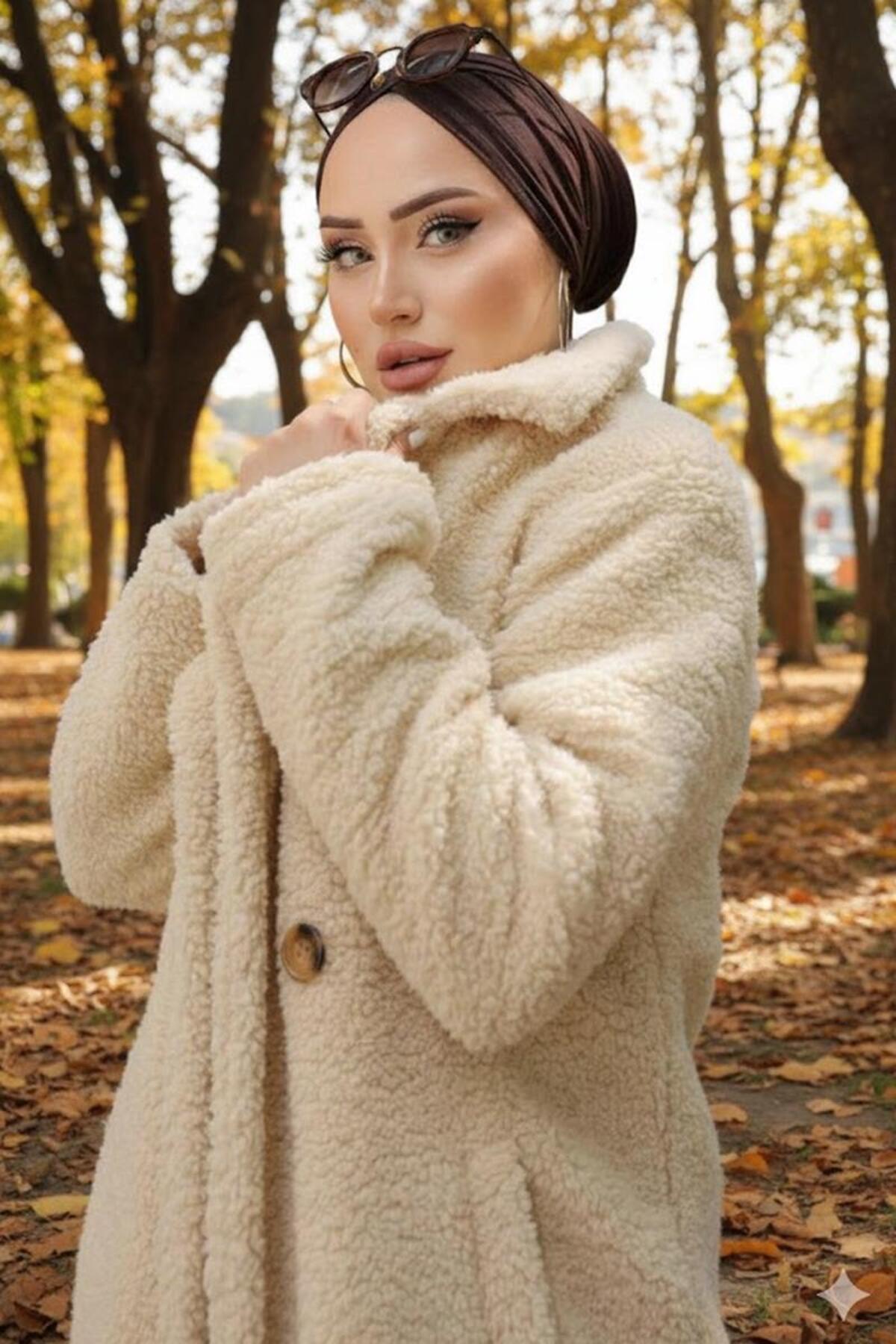 hafsamina  İki Düğmeli Peluş Mont Bej HM262506 - Görsel 6