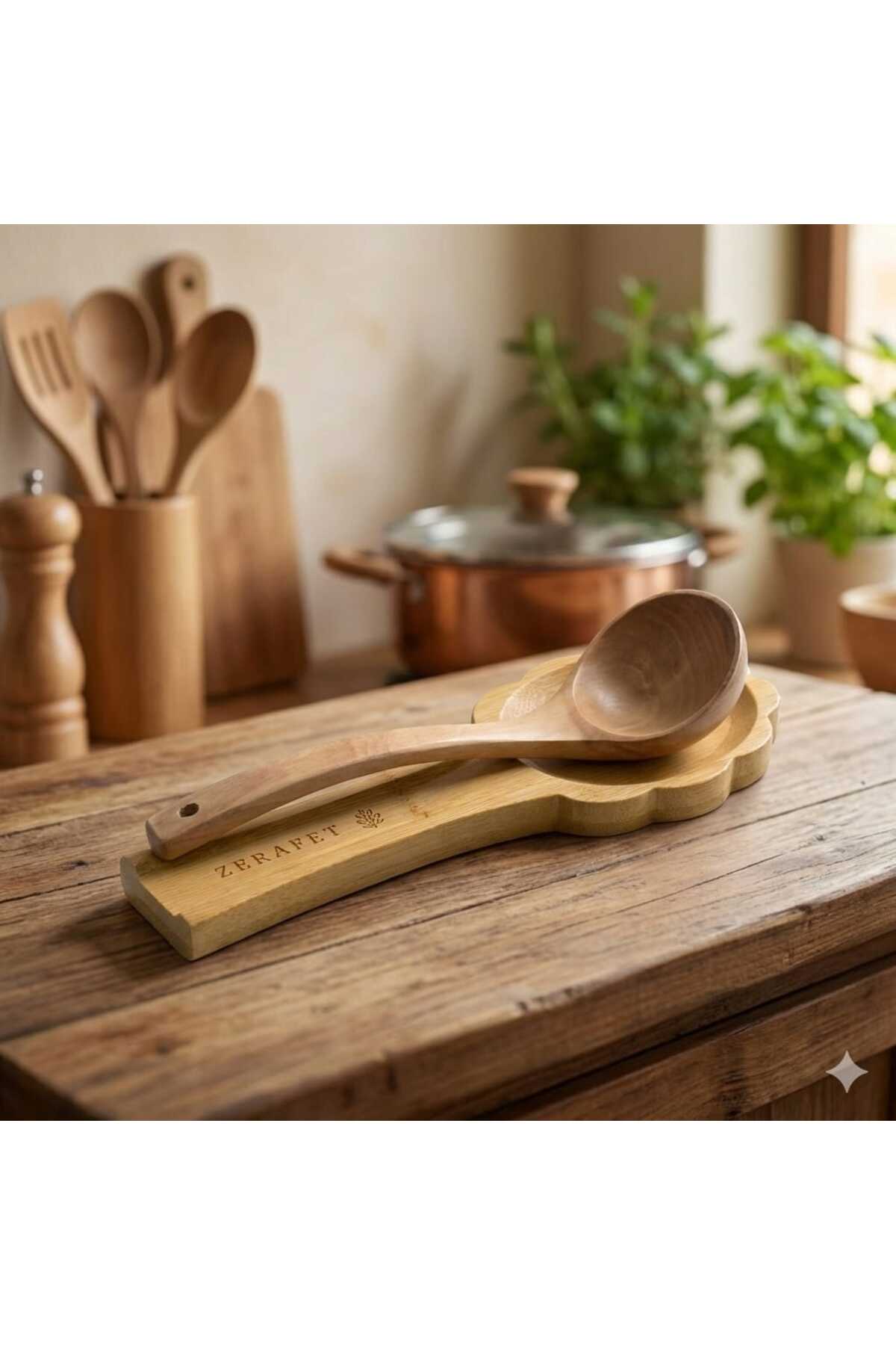 Bambu Kepçe ile Kaşık,Kepçe Altlığı Seti