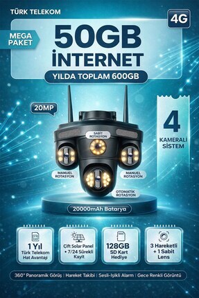 Kadraj Güneş Enerjili Sim Kartlı Kamera - 4 Kameralı - 600GB TURK TELEKOM Hat...