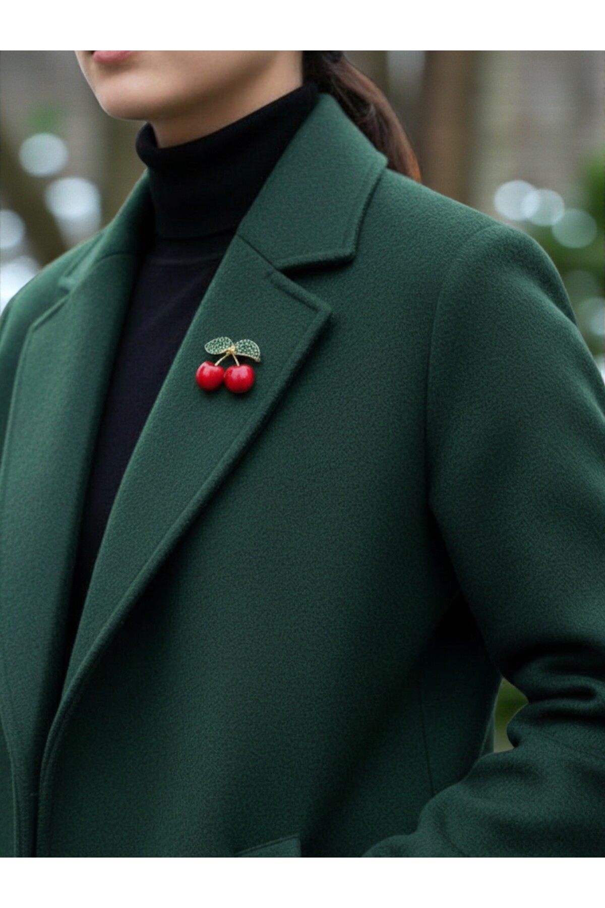 Stone Green Leaf Detailed Red Cherry Brooch | Size:3.5cm